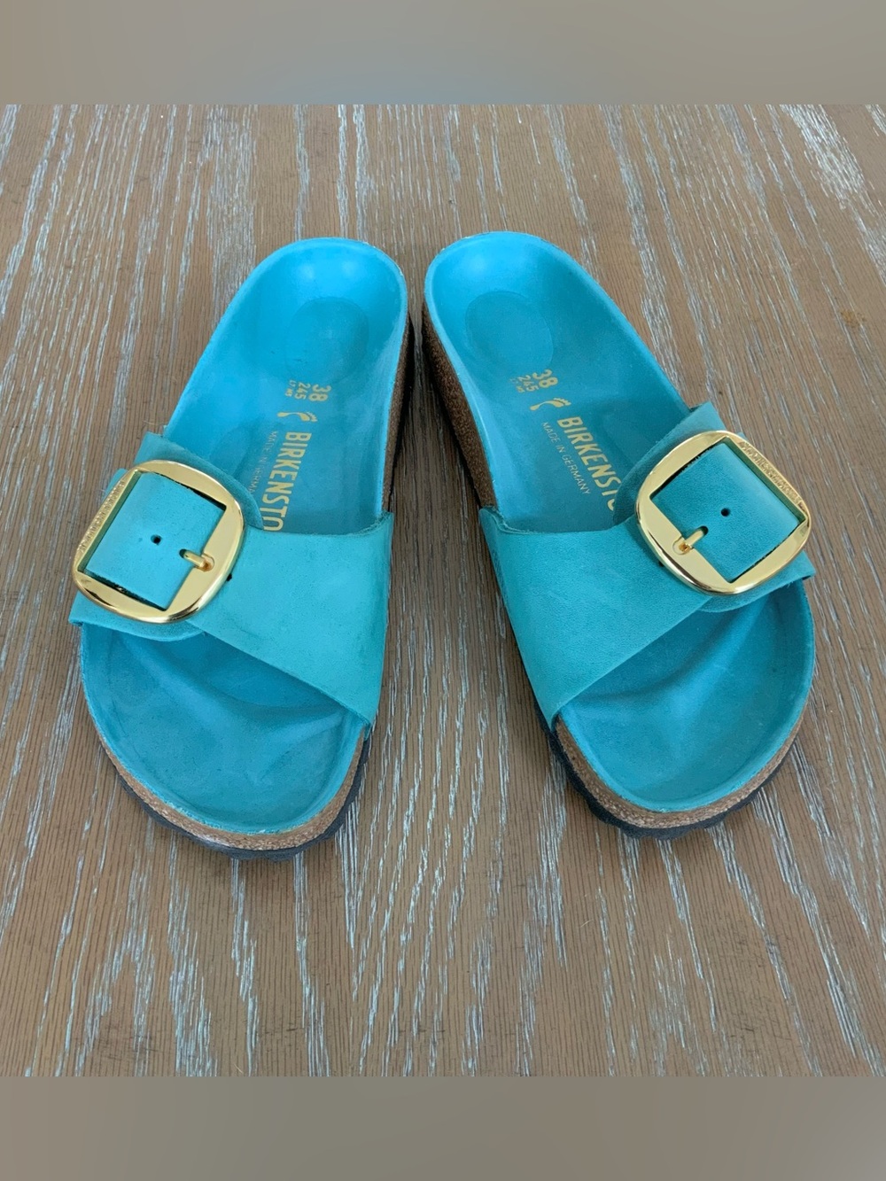 Birkenstock Turquoise Leather Buckle Slide Sandals EU 38 US 7.5